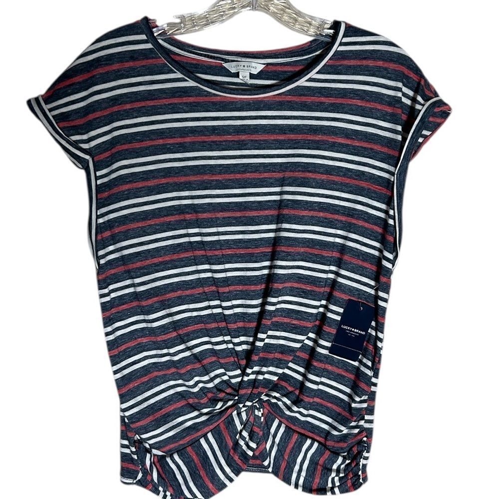 NEW Lucky Brand Charcoal and Red Striped Tee